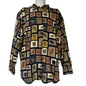 Le Caviar Woman Blouse 3X Fall Leaf Print Button Down Long Sleeve Vintage